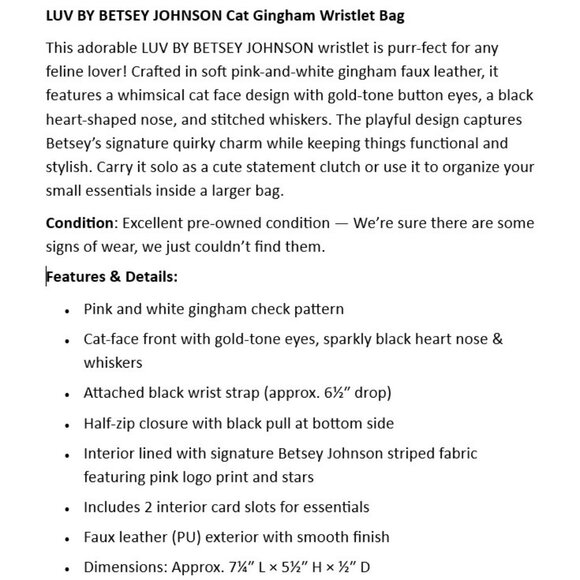 LUV BY BETSEY JOHNSON Cat Gingham Wristlet Bag - Picture 2 of 5